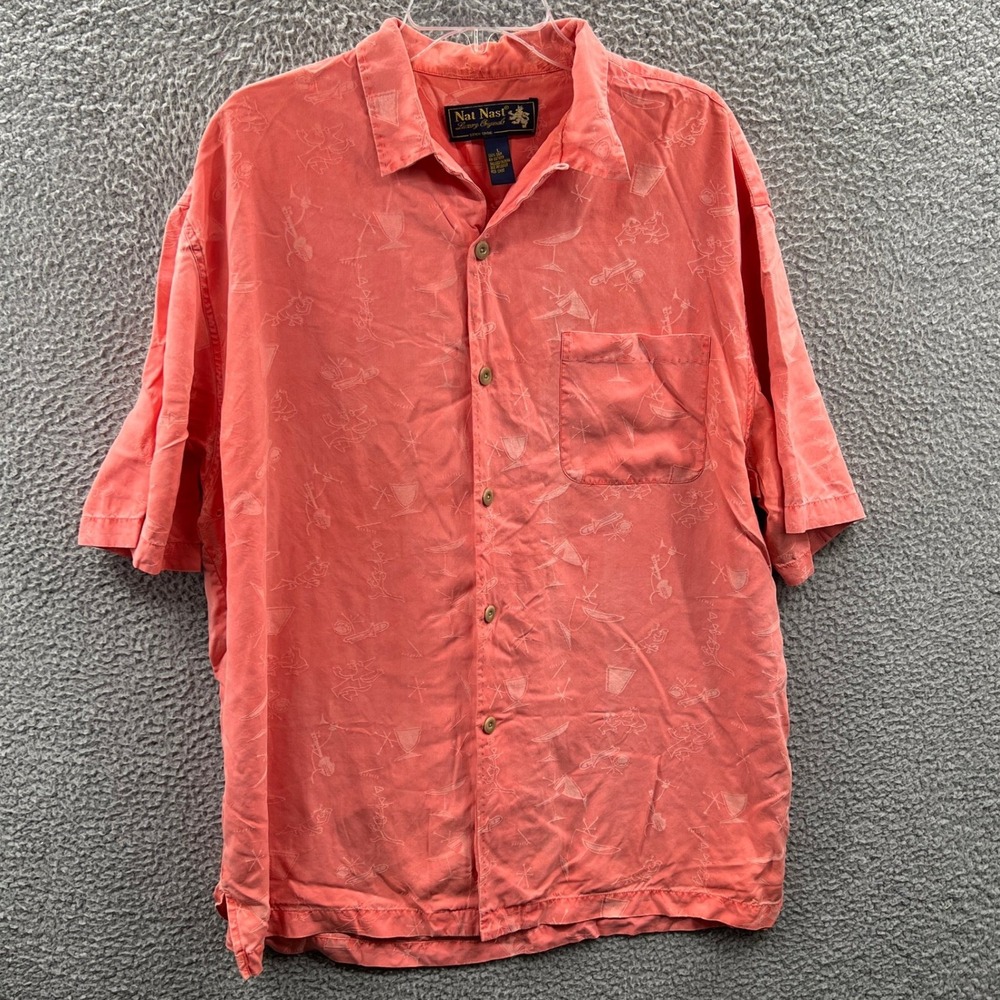 Nat Nast Mens Silk Camp Shirt L Tropical Retro Cocktail Print Resort Vacation